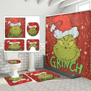 Grinchs Bathroom Set with Toilet Lid Rug,Contour Mat and Bath Mat,Shower Curtain A2