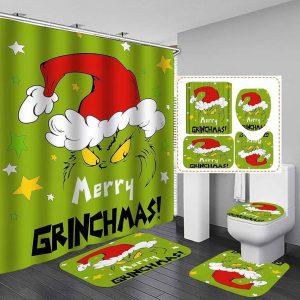 Grinchs Bathroom Set with Toilet Lid Rug,Contour Mat and Bath Mat,Shower Curtain A1