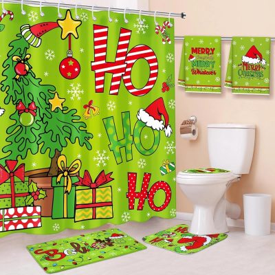 Grinchs Ho Ho Ho Bathroom Set with Toilet Lid Rug,Contour Mat and Bath Mat,Shower Curtain