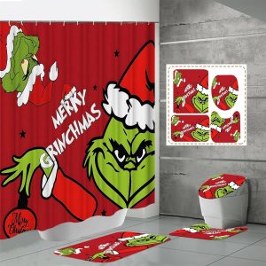Grinchs Merry Christmas Bathroom Set with Toilet Lid Rug,Contour Mat and Bath Mat,Shower Curtain