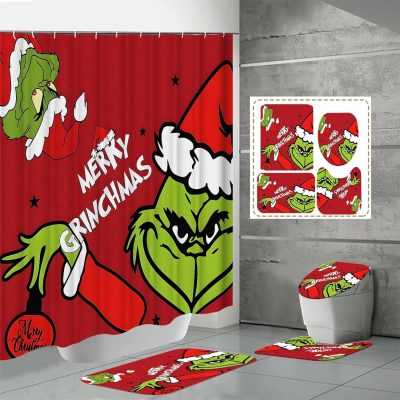 Grinchs Merry Christmas Bathroom Set with Toilet Lid Rug,Contour Mat and Bath Mat,Shower Curtain