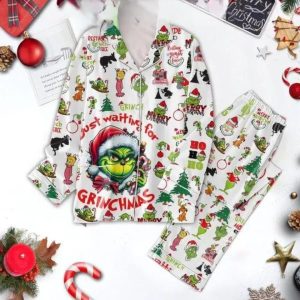 Grinch Just Waiting For Christmas Satin Pajamas Kids And Adult Gift For Family