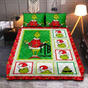 Grinch Face Merry Christmas Quilt Bedding Set 3PCS - 1 Quilt - 2 Quilt Pillow