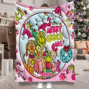 Grinch ,Cindy Lou Who and Max Dog Merry Christmas Fleece Blanket