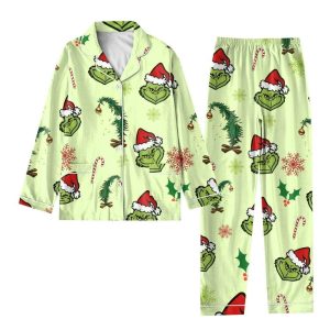 Grinch Christmas Satin Pajamas Kids And Adult Gift For Family 17