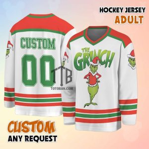 Grinch Custom Name Hockey Jersey 3D White Red