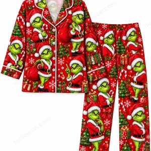 Grinch Red Christmas Satin Pajamas Kids And Adult Gift For Family