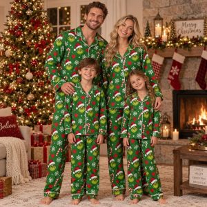 Grinch Green Merry Christmas Satin Pajamas Kids And Adult Gift For Family